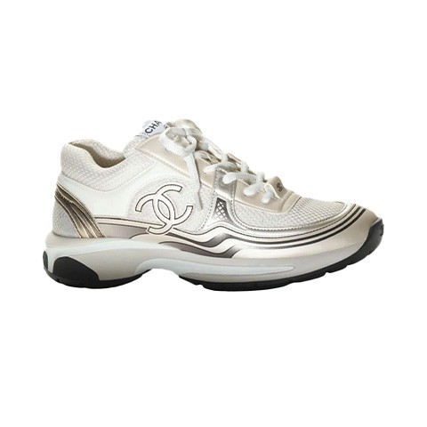 샤넬 23 한정판 스니커즈 패브릭 라미네이티드 & 아이보리 화이트 골드,실버 운동화 B1634