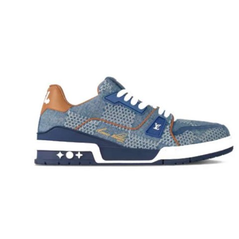 루이비통 24 한정판 LV 트레이너 스니커즈 블루 다미에 3D 데님 1AD6DI B2853