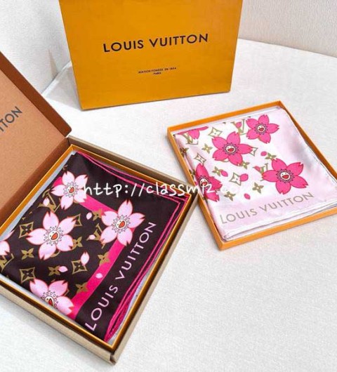 루이비통 25 한정판 TM MONOGRAM CHERRY BLOSSOM 트윌리 스카프 D2628