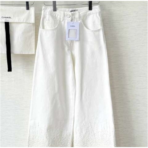 샤넬 25 한정판 비즈 프린지 화이트 데님 진 A11366
