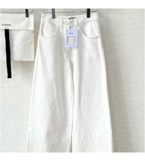 샤넬 25 한정판 비즈 프린지 화이트 데님 진 A10865