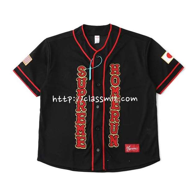 슈프림 25 한정판 x Homerun 콜라보 스트라이프 로고 자수 메쉬 베이스볼 반팔 셔츠
