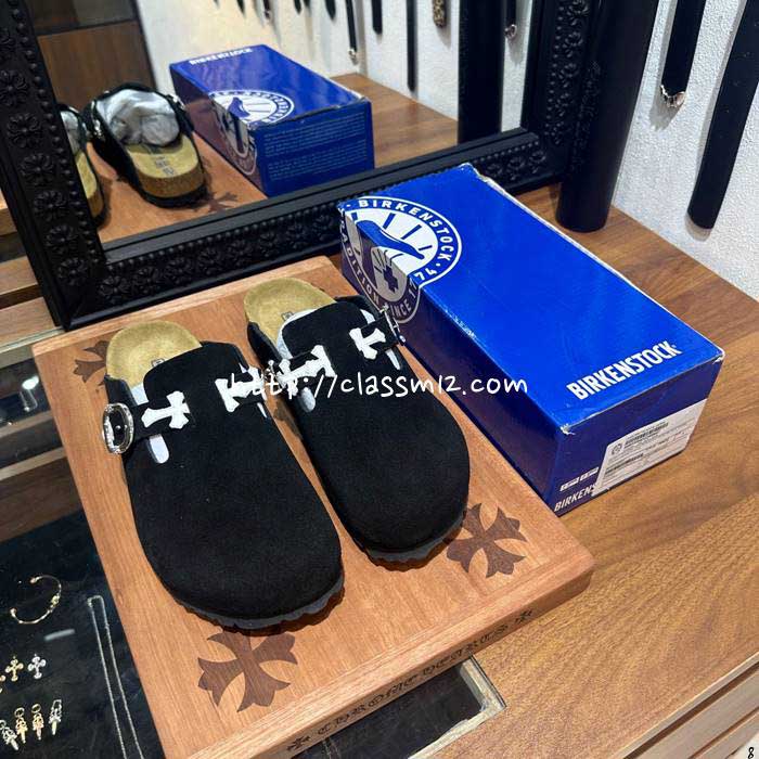 크롬하츠 x 버캔스탁 25 한정판 남여공용 소가죽 카프스킨 슬리퍼 B4702