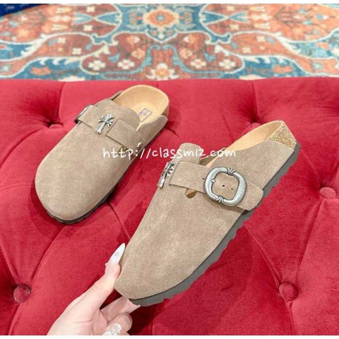 크롬하츠 x 버캔스탁 25 한정판 남여공용 소가죽 카프스킨 슬리퍼 B5314